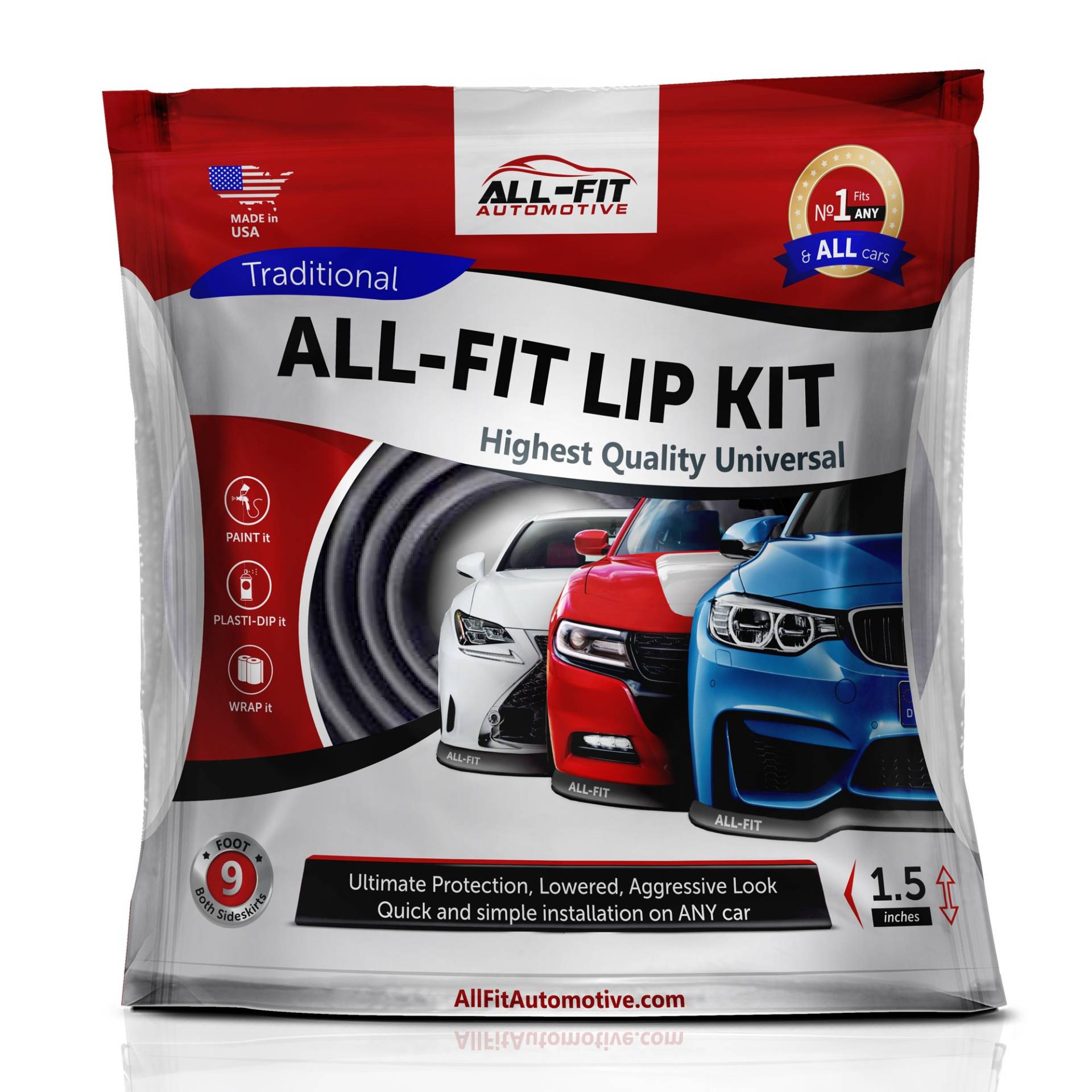 Original All-Fit Lip Kit Universal Spoilerlippe, die Langlebigste Spoiler Lippe zum ankleben und anschrauben, Tuning Frontspoiler, Gummilippe, 3M, 2,7m, Farbe schwarz Größe medium 6,4cm breit von ALL-FIT