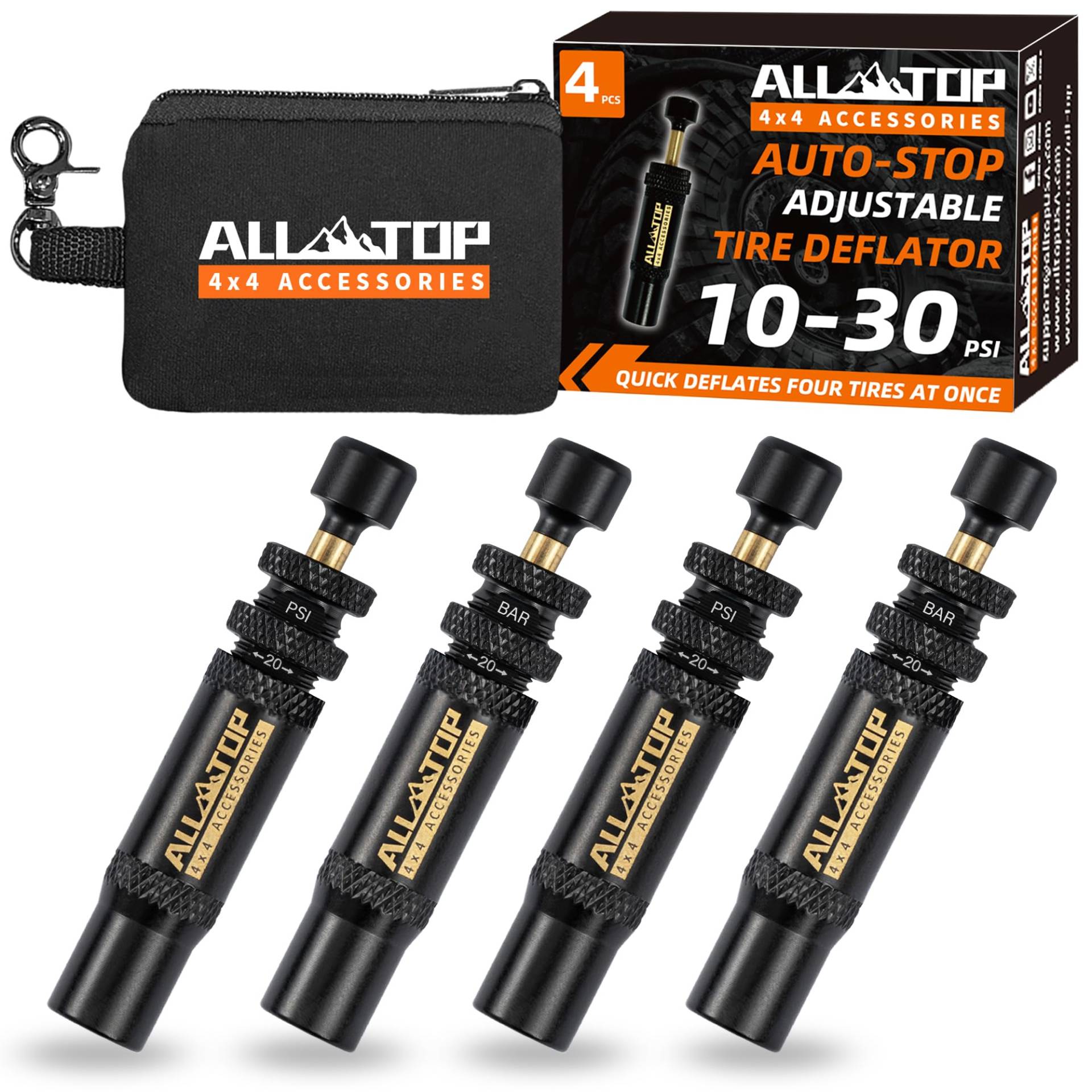 ALL-TOP Verstellbares Auto-Stop-Reifenablassventil-Set (10–30 PSI), 4 Stück, Schraubwerkzeug für Offroad 4 x 4 (mit 5 Ventilkappen) von ALL-TOP