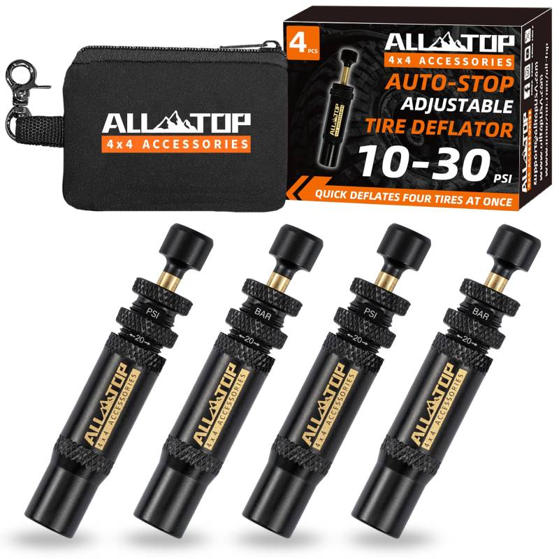 ALL-TOP Verstellbares Auto-Stop-Reifenablassventil-Set (10–30 PSI), 4 Stück, Schraubwerkzeug für Offroad 4 x 4 (mit 5 Ventilkappen) von ALL-TOP