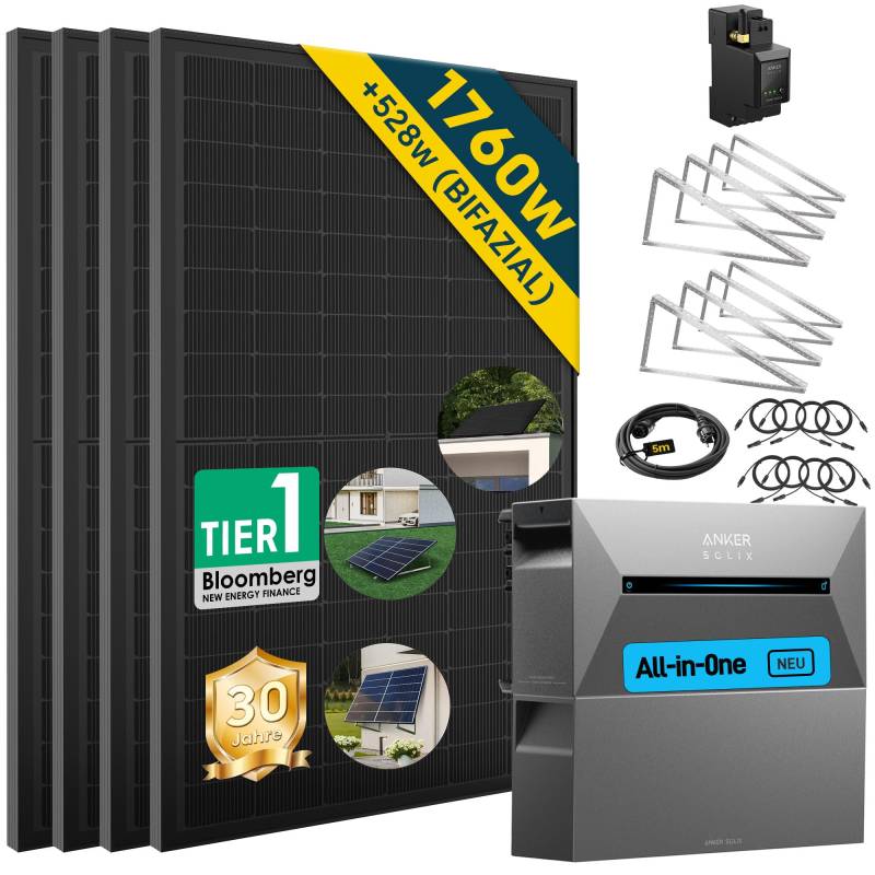 ALLDREI® Balkonkraftwerk mit Speicher 3,2kWh, 2 Pro Solarbank E1600Pro All in One Stromspeicher mit Akku BP1600x1, Komplettset mit 4x440W Bifazialer Solarpanel & Smarten Zähler & Halterungx4 von ALLDREI