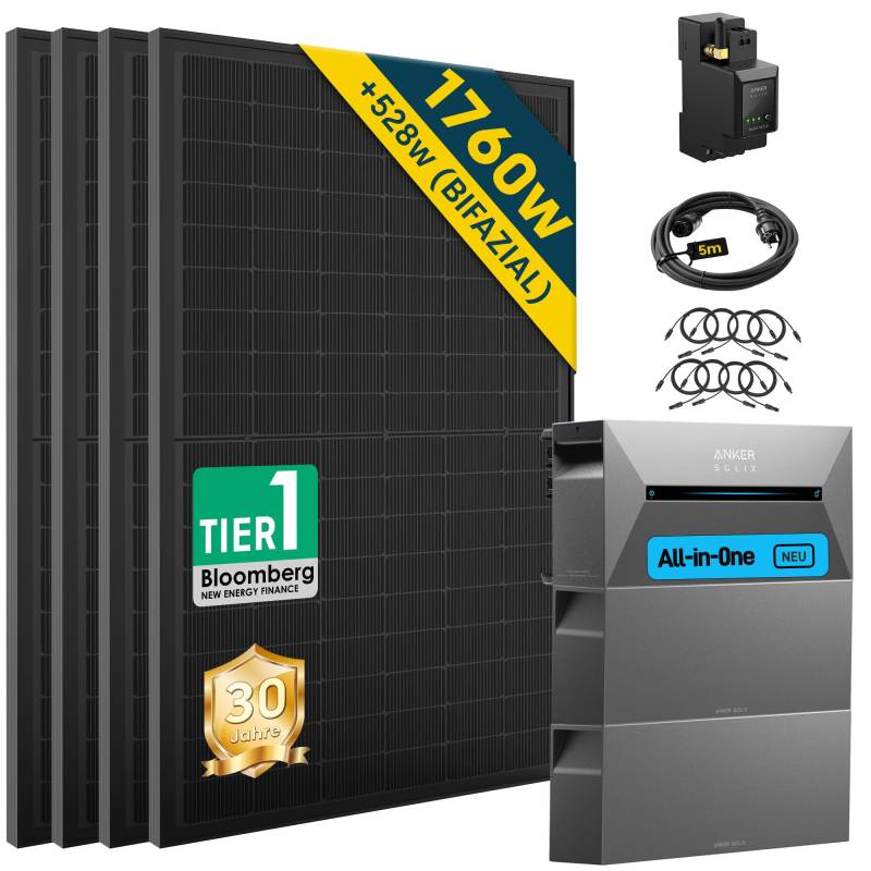 ALLDREI® Balkonkraftwerk mit Speicher 4,8kWh, 2 Pro Solarbank E1600Pro All in One Stromspeicher mit Akku BP1600x2, 4x440W Bifazialer Solarpanel & Smarten Zähler von ALLDREI