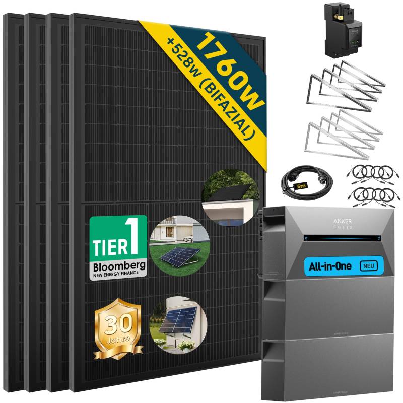 ALLDREI® Balkonkraftwerk mit Speicher 4,8kWh, 2 Pro Solarbank E1600Pro All in One Stromspeicher mit Akku BP1600x2, Komplettset mit 4x440W Bifazialer Solarpanel & Smarten Zähler & Halterungx4 von ALLDREI