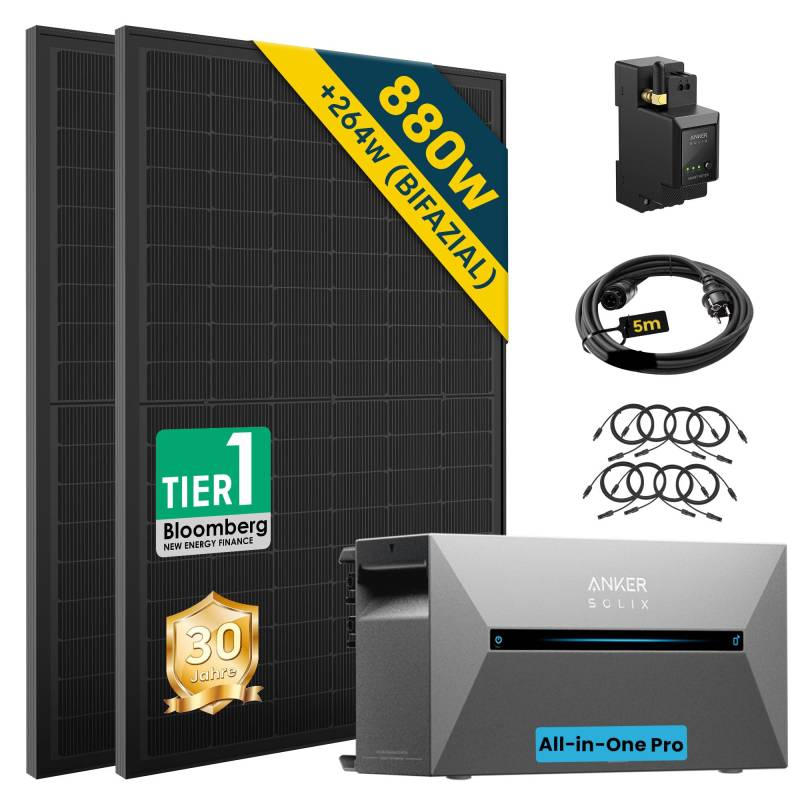 ALLDREI Balkonkraftwerk mit Speicher 2 Pro, Solarbank E1600Pro All in One Stromspeicher 1,6kWh mit Wechselrichter, Komplettset mit 2x440W Bifazialer Solarpanel & Smarten Zähler von ALLDREI