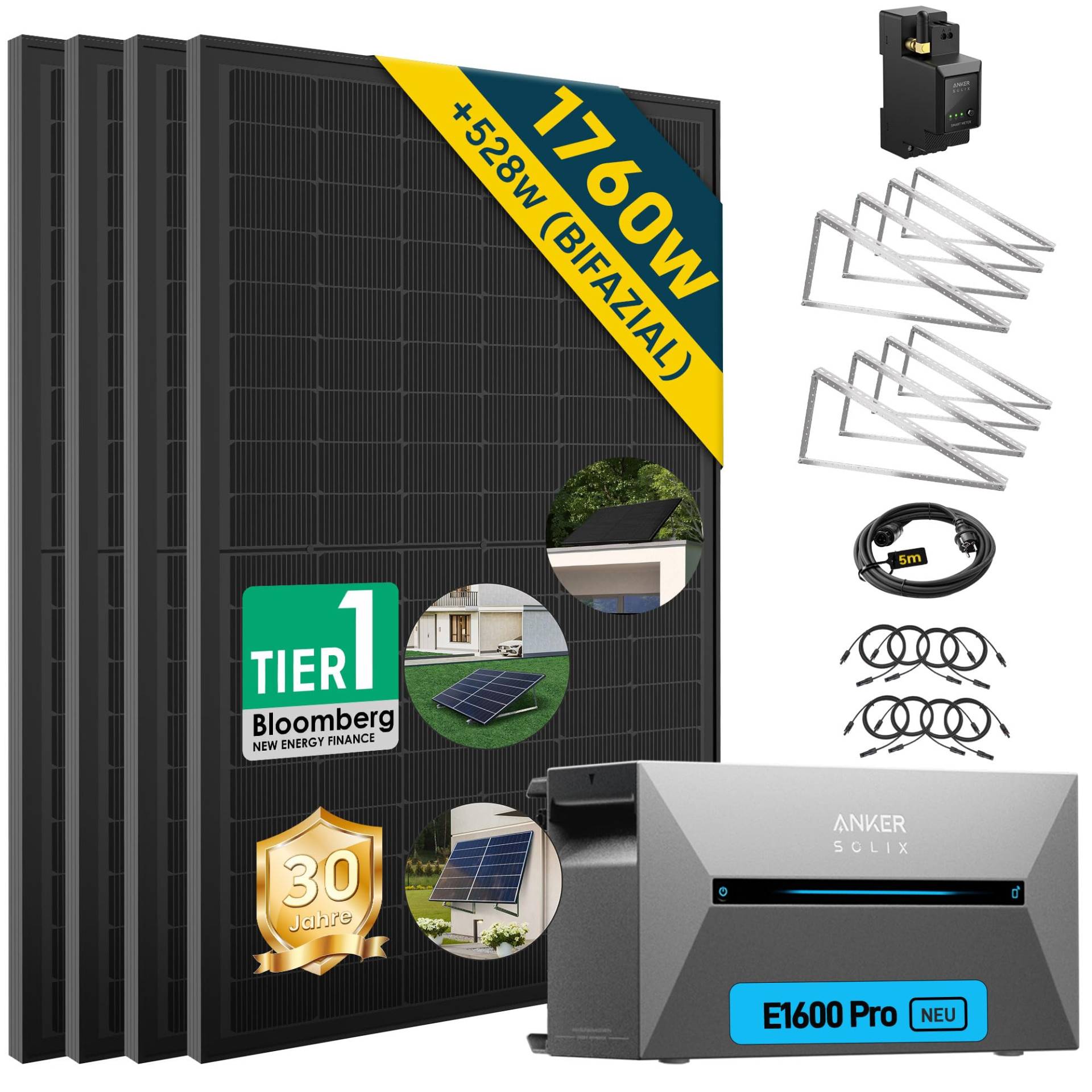 ALLDREI® Balkonkraftwerk mit Speicher 2 Pro, Solarbank E1600Pro All in One Stromspeicher 1,6kWh mit Wechselrichter, Komplettset mit 4x440W Bifazialer Solarpanel &Smarten Zähler & Halterungx4 von ALLDREI