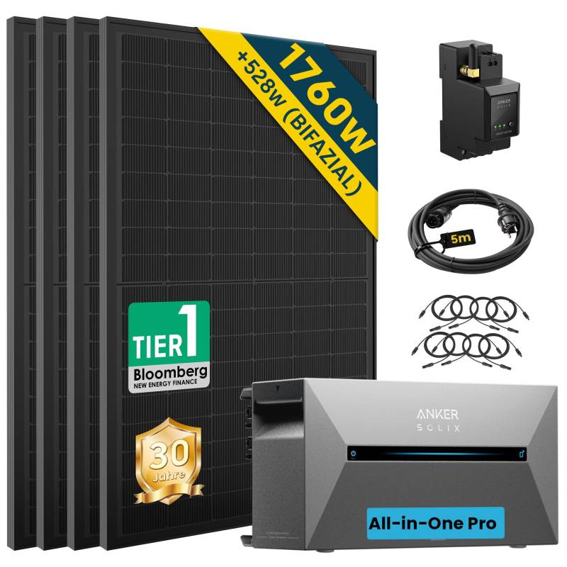 ALLDREI Balkonkraftwerk mit Speicher 2 Pro, Solarbank E1600Pro All in One Stromspeicher 1,6kWh mit Wechselrichter, Komplettset mit 4x440W Bifazialer Solarpanel & Smarten Zähler von ALLDREI