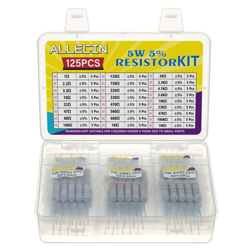 ALLECIN 25 Werte 125 Stück 5W Widerstand Sortiment 5% Toleranz von 1 Ohm bis 1M Ohm 5 Watt Kohlenstofffilm Widerstände Set 5 W Carbon Film Resistor Kit Wiederstände Widerstands von ALLECIN
