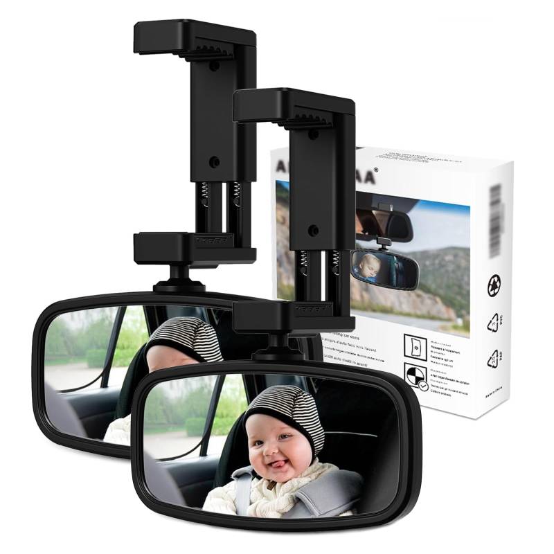 Baby Rückspiegel, Kinderspiegel Mit Gefederten Clips, Glas-Spiegel, 360° Drehbar, für Kindersitz in Meisten Autos (129 * 65.8mm) (2 Schwarz) von ALLILUYAA
