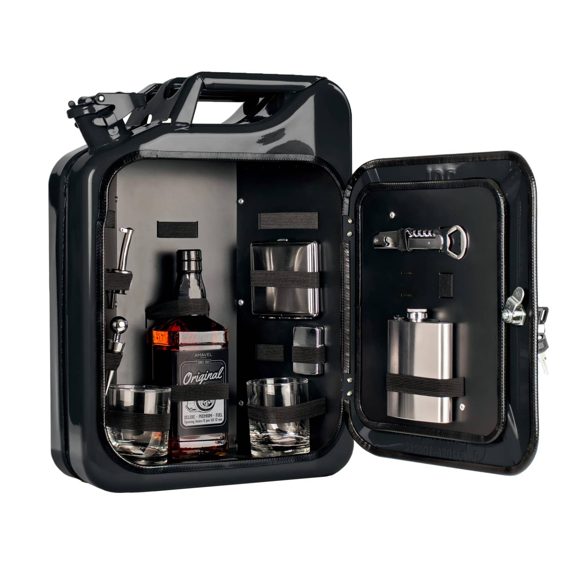 AMAVEL Kanister Bar 20 l, Bestückt, Schwarzer Benzinkanister Minibar mit 8-teiligem Zubehör-Set, Barschrank inkl. 2 Gläsern und Flaschenhalter, Mini Bar Set von AMAVEL