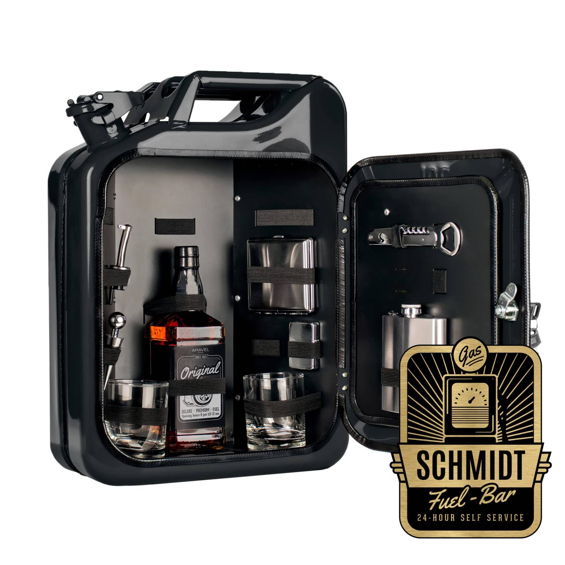 AMAVEL Kanister Bar 20 l mit Plakette und Namensgravur, Schwarzer Benzinkanister Minibar mit 8-teiligem Zubehör-Set, Barschrank im Vintage Look inkl. 2 Gläsern und Flaschenhalter von AMAVEL