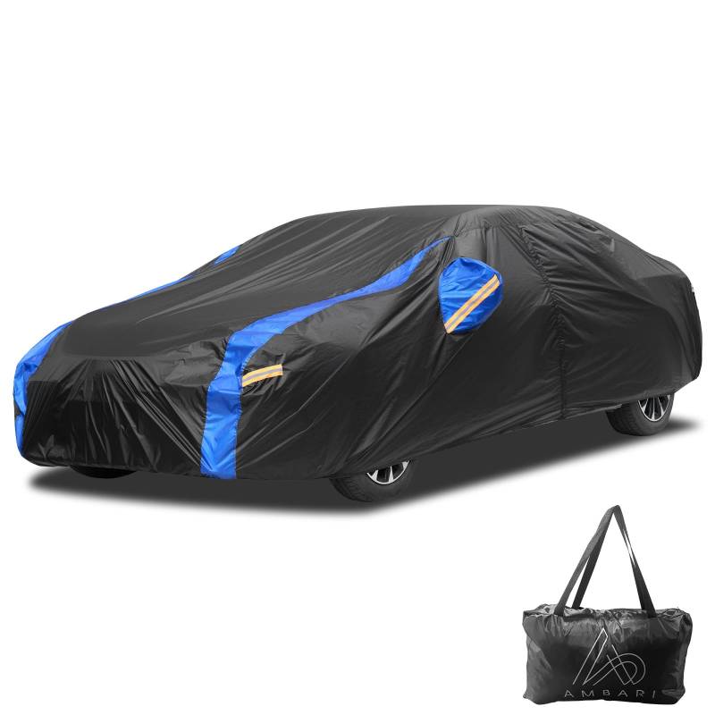 AMBARI Universal SUV/Sedan Full Exterior Car Covers Outdoor Waterproof All Weather Rain Snow UV Protection Black and Blue Zipper Car Cover Size A1 for Sedan Length up to 170 Inches von AMBARI