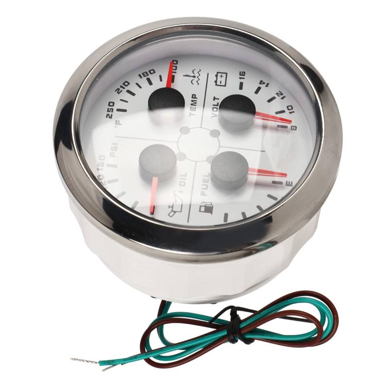 4 in 1 Anzeige Wassertemperatur Wasserdicht Kraftstoffstand Öldruck Voltmeter Hohe Genauigkeit Nebelglas Auto Wohnwagen Boot (Weiß °F/PSI) von RTLR