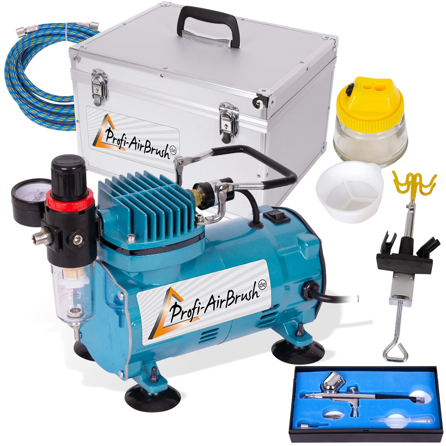 Airbrush Set mit Airbrush-Kompressor Compact mit Aluminium Box - Airbrushpistole - Reinigungsbürsten - Ideales Airbrush Kit für Einsteiger und Fortgeschrittene der Airbrush Technik von AMUR