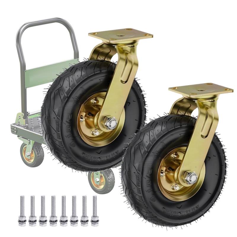 Satz von 4 Rädern für Möbel 2 Gummirollen, 8" 10" Ersatzrad for Möbel, DIY-Werkbankwagen, Hochleistungs-Industrierollen, pneumatische Lenkrolle(Swivel,250mm/10in) von AMZBNEIDI
