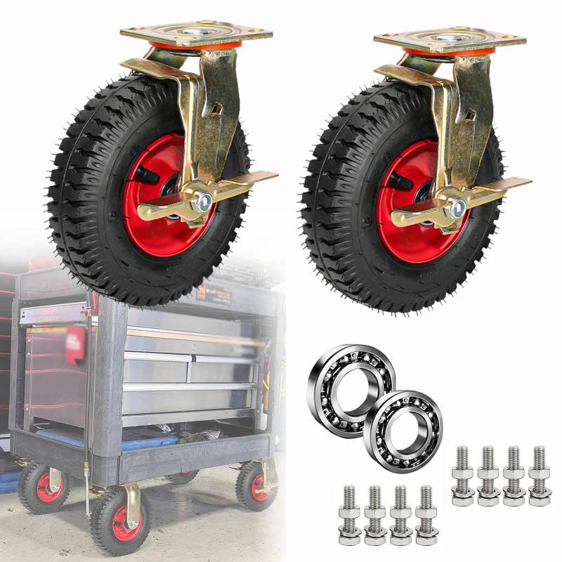 Satz von 4 Rädern für Möbel 2 Stück Lenkrollen, pneumatische Lenkrolle, stumme Rollen, mit Kugellager, Transportrolle for Sackkarren und Schubkarren(Brakes,8"(200mm)) von AMZBNEIDI