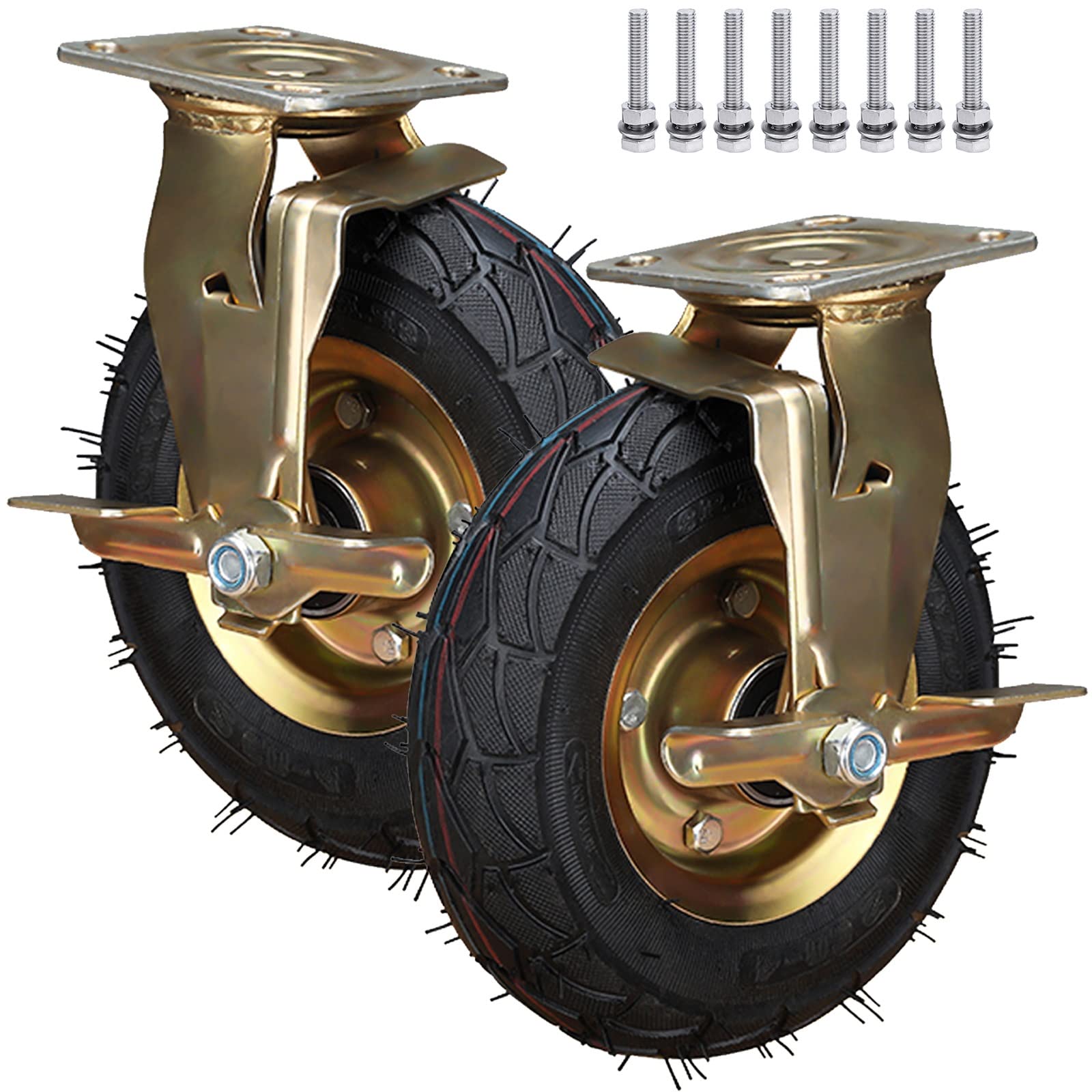 Satz von 4 Rädern für Möbel 2er-Set Lenkrollen mit Bremse, stoßdämpfende, luftgefüllte Lenkrollen mit Schrauben und Edelstahlschrauben, Durchmesser 200 mm, 250 mm(Brake,8in) von AMZBNEIDI