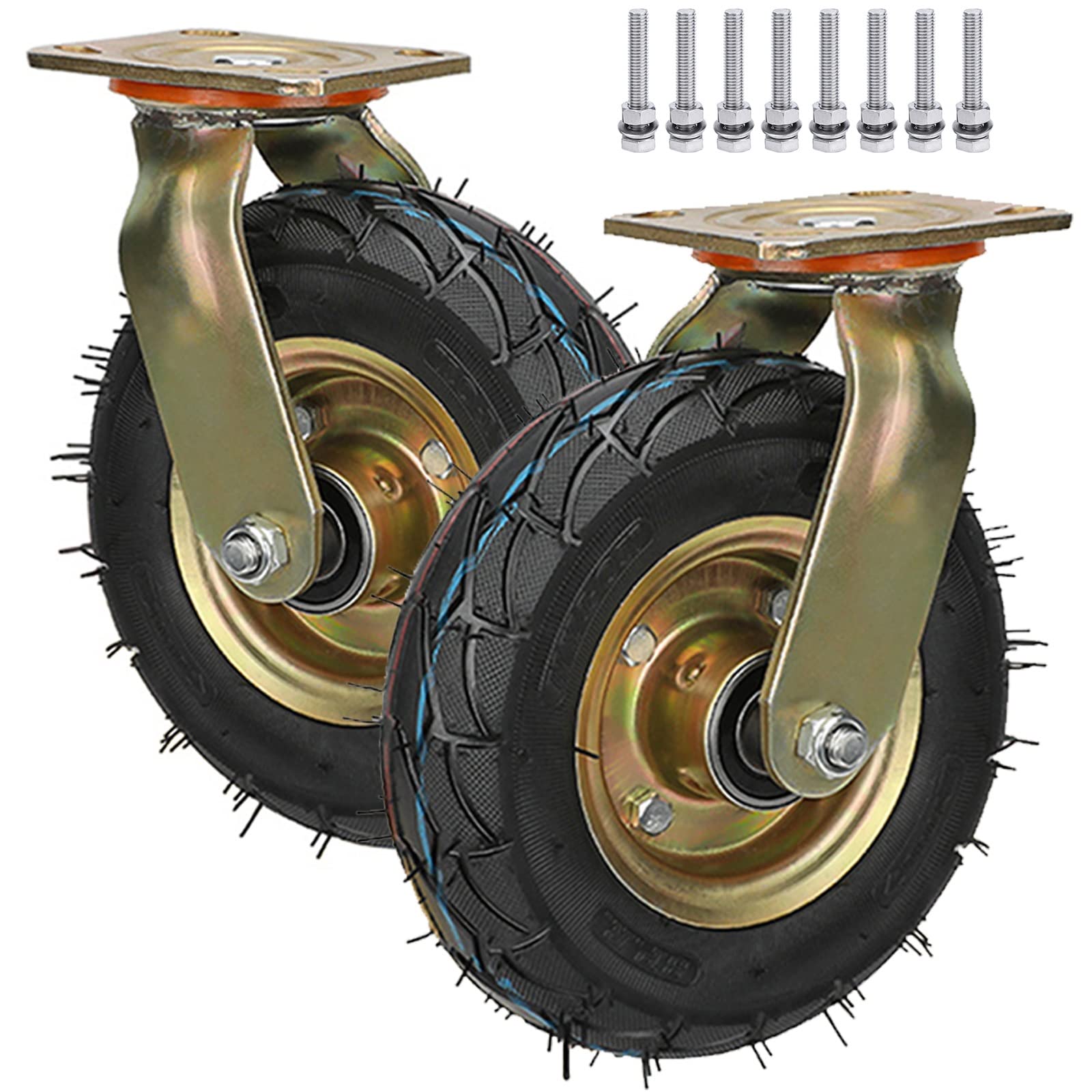 Satz von 4 Rädern für Möbel 2er-Set Lenkrollen mit Bremse, stoßdämpfende, luftgefüllte Lenkrollen mit Schrauben und Edelstahlschrauben, Durchmesser 200 mm, 250 mm(Swivel,10in) von AMZBNEIDI