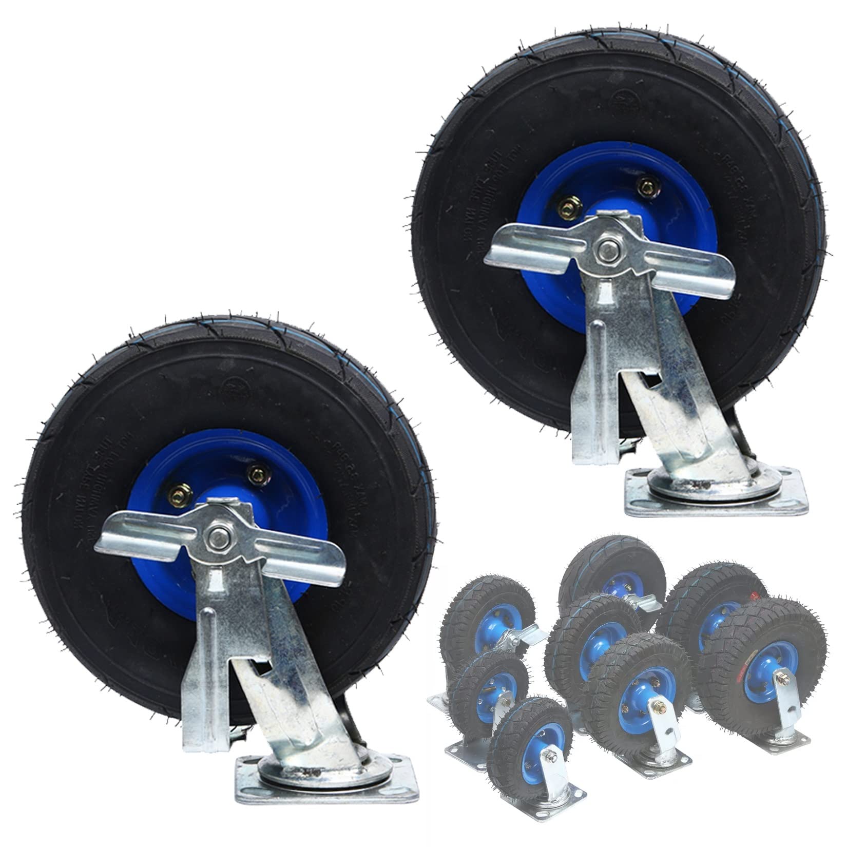 Satz von 4 Rädern für Möbel 8-Zoll- und 10-Zoll-Luftlenkrollen, 2er-Set, Doppelkugellager, Ersatz-Lenkrolle aus Gummi mit Seitenbremsen, Tragkraft 440 lbs(Brake,Ø250mm/10in) von AMZBNEIDI