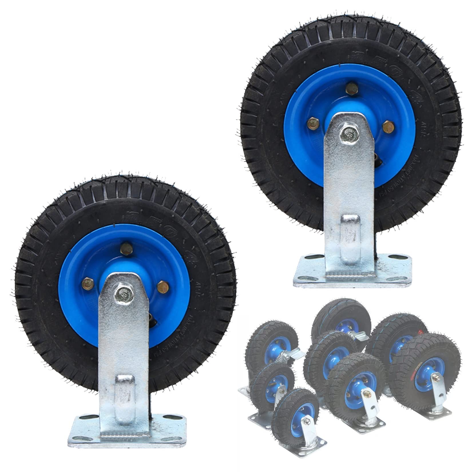 Satz von 4 Rädern für Möbel 8-Zoll- und 10-Zoll-Luftlenkrollen, 2er-Set, Doppelkugellager, Ersatz-Lenkrolle aus Gummi mit Seitenbremsen, Tragkraft 440 lbs(Fixed,Ø200mm/8in) von AMZBNEIDI