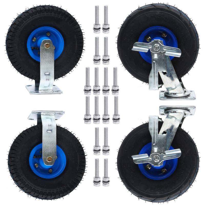 Satz von 4 Rädern für Möbel Luftgefülltes Lenkrad mit Edelstahlschrauben, 2 Bockrollen + 2 Lenkrollen mit Bremse, Ø 200 mm 250 mm(10in) von AMZBNEIDI