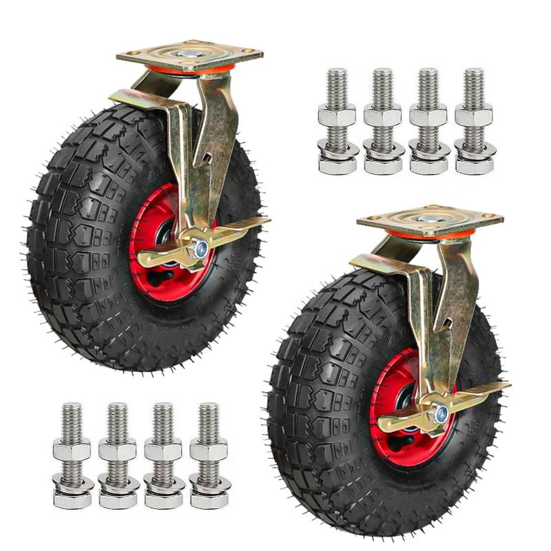 Satz von 4 Rädern für Möbel Pneumatische Lenkrolle, Ersatz-Gummirollen, Rote Felge mit Reifenadern, Transportrolle mit Bremse for Schubkarren, Blumentopfböden(Brakes,8"(200mm)) von AMZBNEIDI