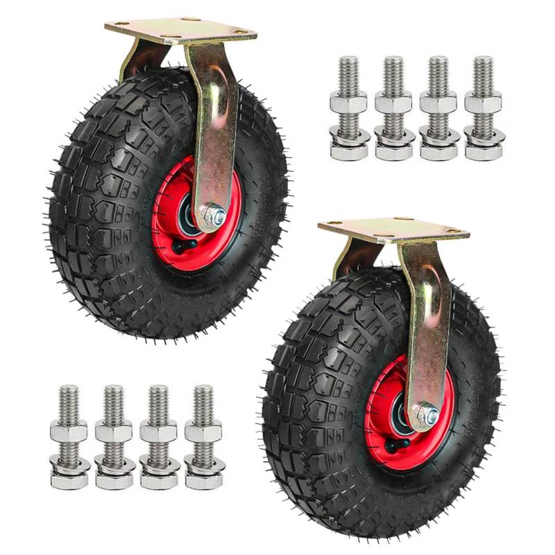 Satz von 4 Rädern für Möbel Pneumatische Lenkrolle, Ersatz-Gummirollen, Rote Felge mit Reifenadern, Transportrolle mit Bremse for Schubkarren, Blumentopfböden(Fixed,10"(250mm)) von AMZBNEIDI