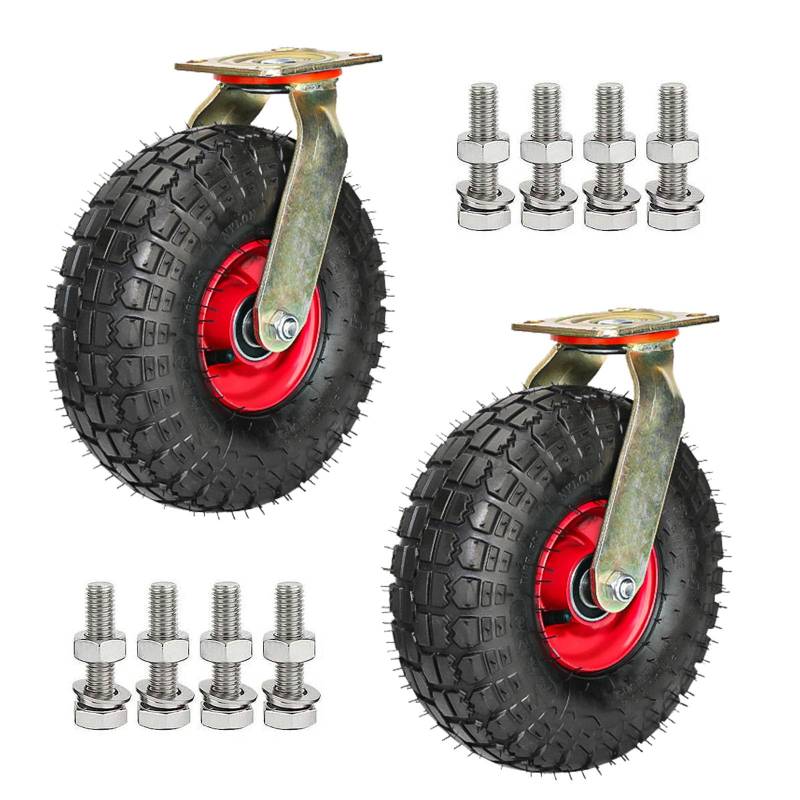 Satz von 4 Rädern für Möbel Pneumatische Lenkrolle, Ersatz-Gummirollen, Rote Felge mit Reifenadern, Transportrolle mit Bremse for Schubkarren, Blumentopfböden(Swivel,8"(200mm)) von AMZBNEIDI