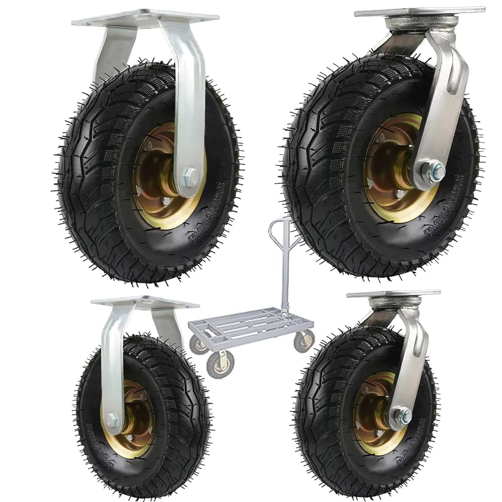 Satz von 4 Rädern für Möbel Pneumatische Lenkrolle, pneumatischer Schlauch, Stoßdämpfung, Trolley-Industrietransportrad, Industrieanwendung(Fixed+Swivel,250mm/10in) von AMZBNEIDI
