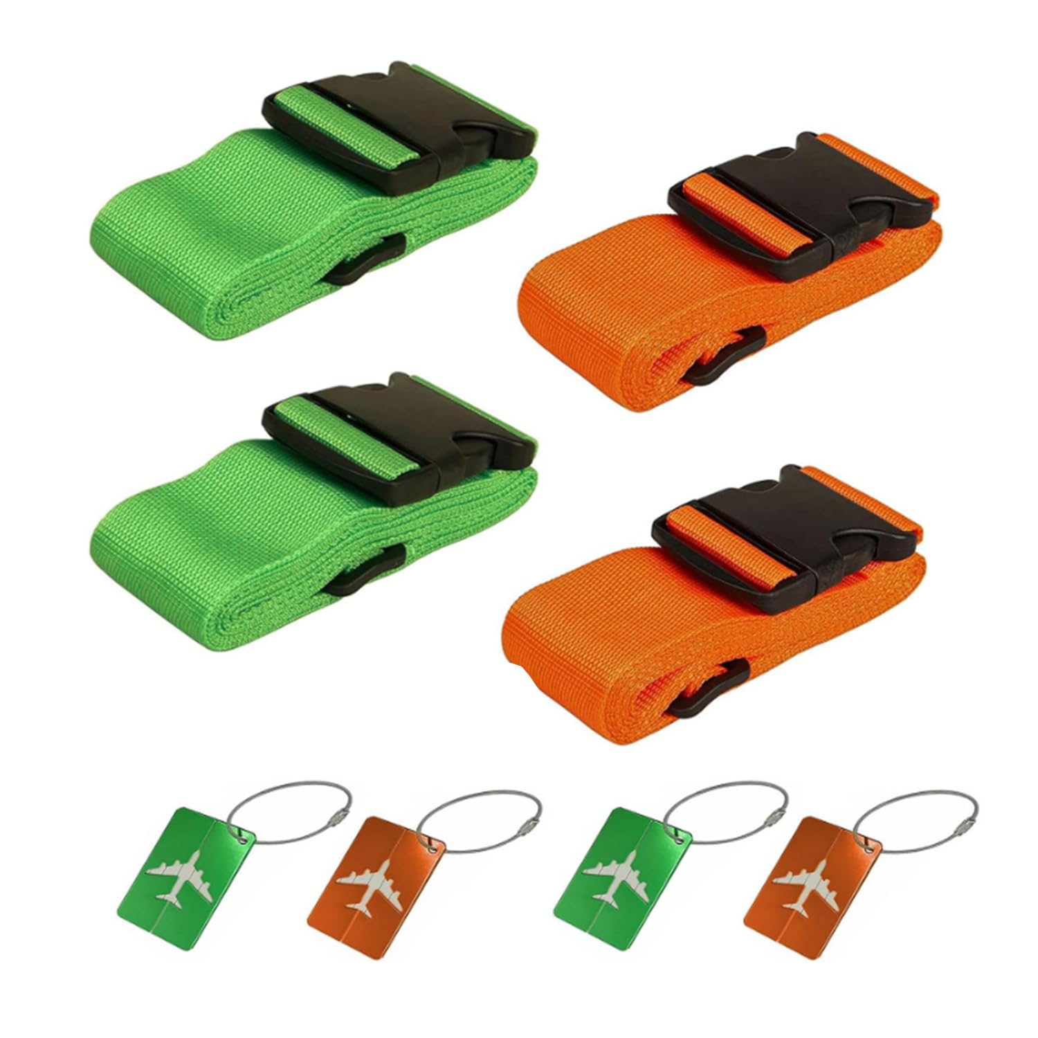 Koffergurt Grün Orange Kofferband Gurt - 4 Sets Einstellbare Gepäckgurt und Aluminium Kofferanhänger mit Adressschild - Sicher Koffer Gurtband für Reisen Schnell Erkennen Koffergürtel von ANBOWEI