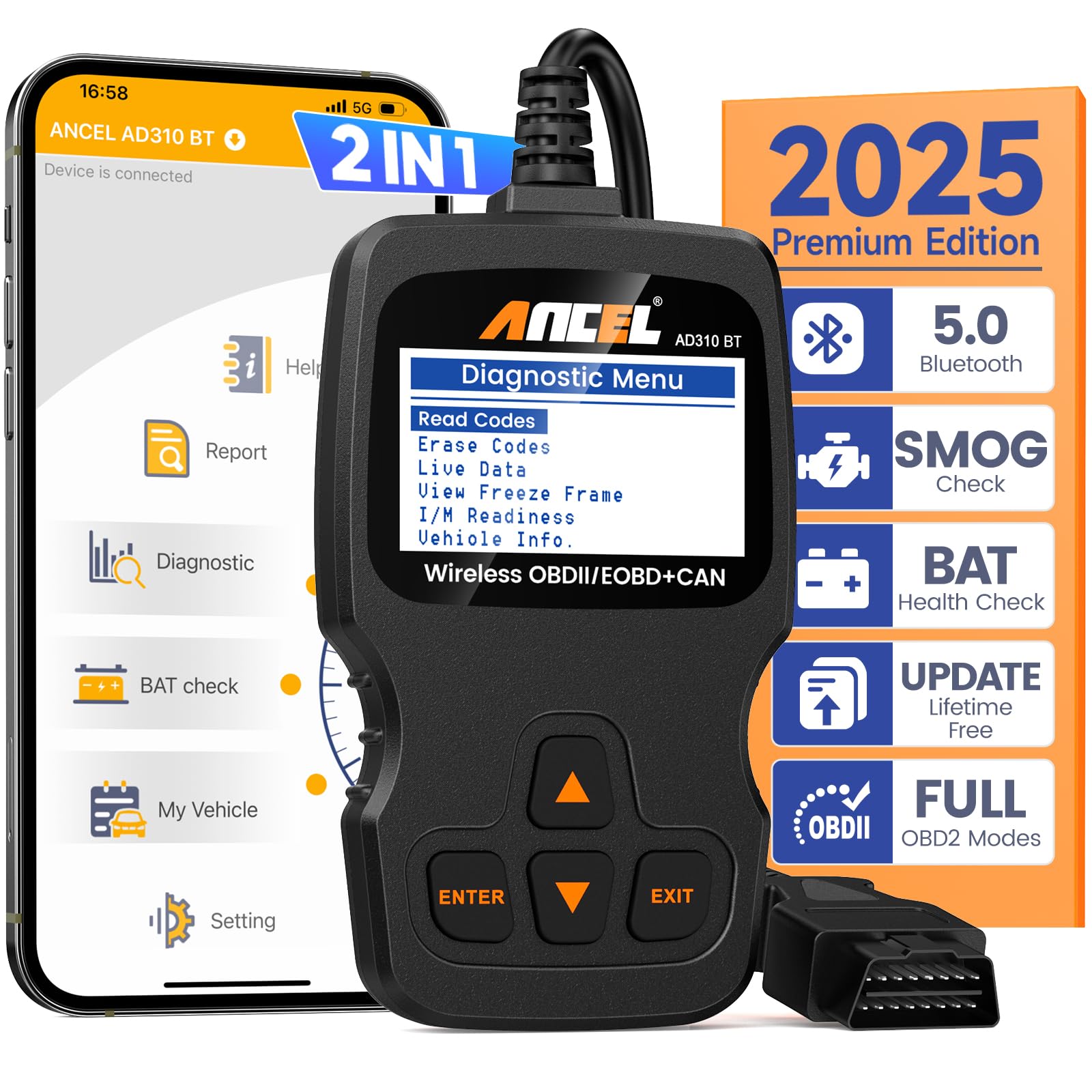 ANCEL AD310BT OBD2 Scanner Bluetooth - Check Engine Code Reader, Escaner Automotriz mit Premium App auf iOS & Android, Auto Diagnose Scanner für alle Fahrzeuge nach 1996 von ANCEL