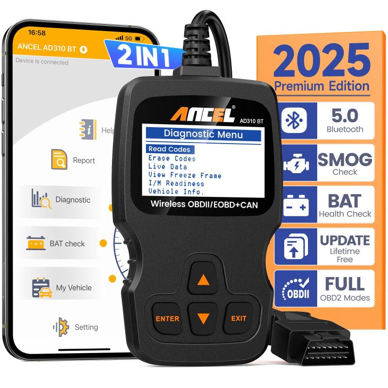 ANCEL AD310BT OBD2 Scanner Bluetooth - Check Engine Code Reader, Escaner Automotriz mit Premium App auf iOS & Android, Auto Diagnose Scanner für alle Fahrzeuge nach 1996 von ANCEL