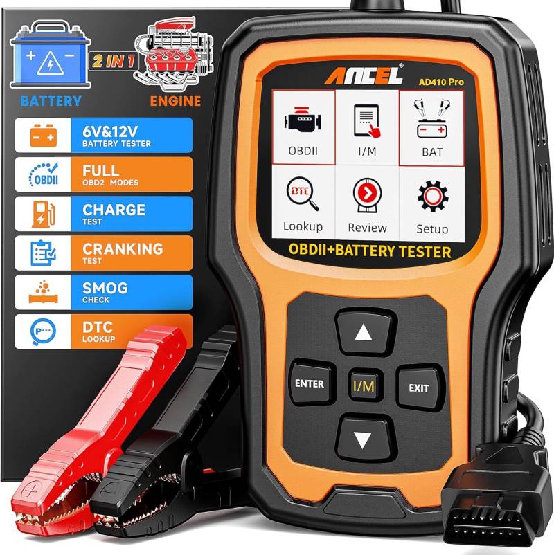 ANCEL AD410PLUS 2in1 OBD2 Diagnosegerät Auto Batterietester, Universal KFZ Fehlercode Lesegerät mit Vollen OBD2 Funktionen, 6V 12V 100-2000CCA Autobatterie Tester mit Batterie- Anlasser- und Ladetest von ANCEL