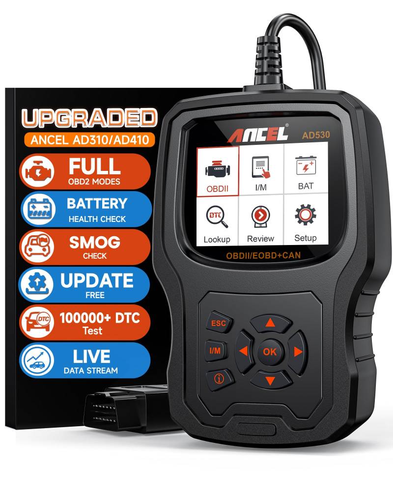 (Upgraded AD310/AD410) ANCEL AD530 OBD2 Diagnosegerät, KFZ Auslesegerät Mit Vollen OBD2-Funktionen, One Touch I/M Bereitschaftstaste, lebenslange Updates, 2,8 Zoll TFT Farbbildschirm von ANCEL