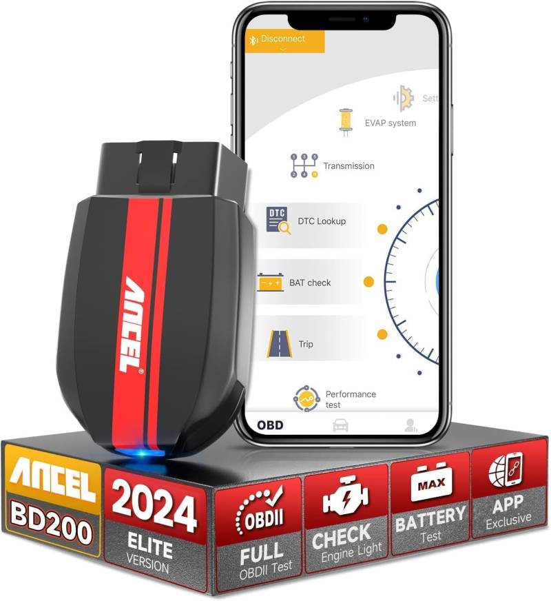ANCEL BD200 OBD2 Bluetooth 5.0 Adapter Scanner Exklusive kostenlose APP mit Batterietest, Leistungstest, Reiseanalyse obd2 diagnosegerät Bluetooth Motorcode-Lesegerät für iPhone, iPad & Android von ANCEL