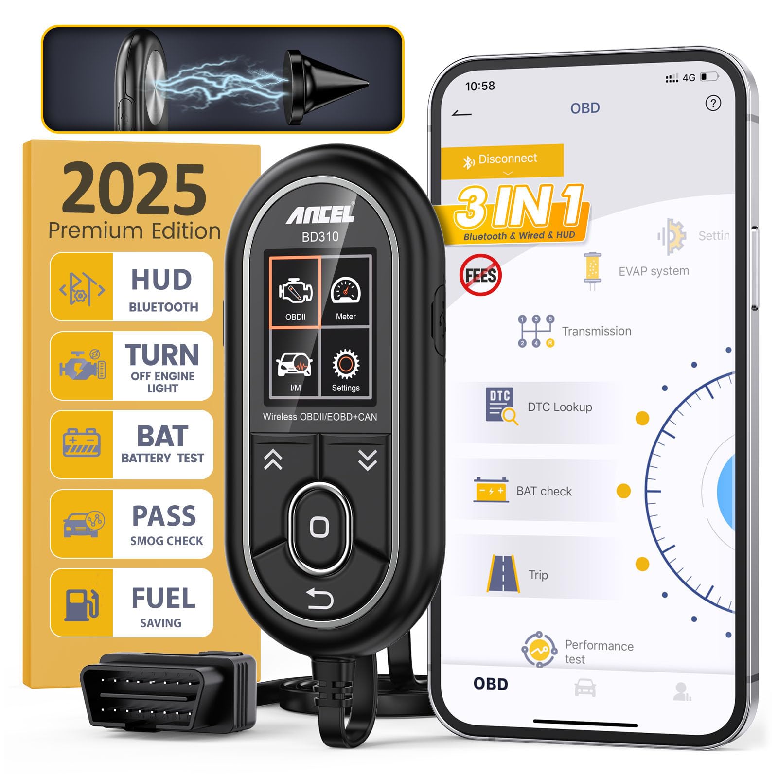 ANCEL BD310 2-in-1 Diagnosegerät OBD2 Scanner Codeleser Auto Reise Computer Auto Gesundheit Monitor & Echtzeit-Leistungsmonitor von ANCEL