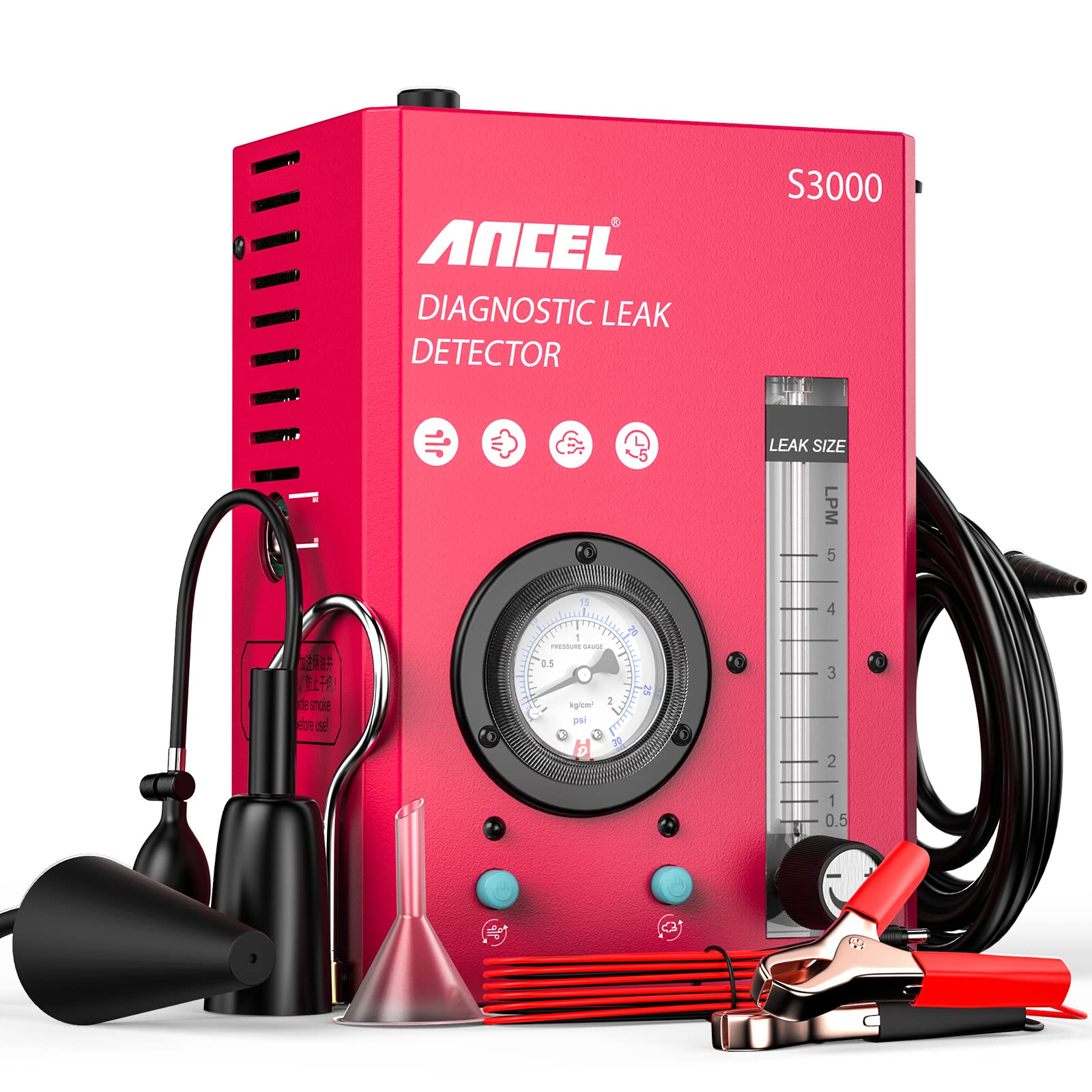 ANCEL S3000 Nebelmaschine KFZ EVAP Rauchmaschine Lecksuchgerät, Auto Kraftstoffleck Detektoren 12V Rauch Lecksucher mit Druckanzeige & Durchflussmesser-Anzeige, Dual-Modi für Fahrzeuge Motorräder LKWs von ANCEL