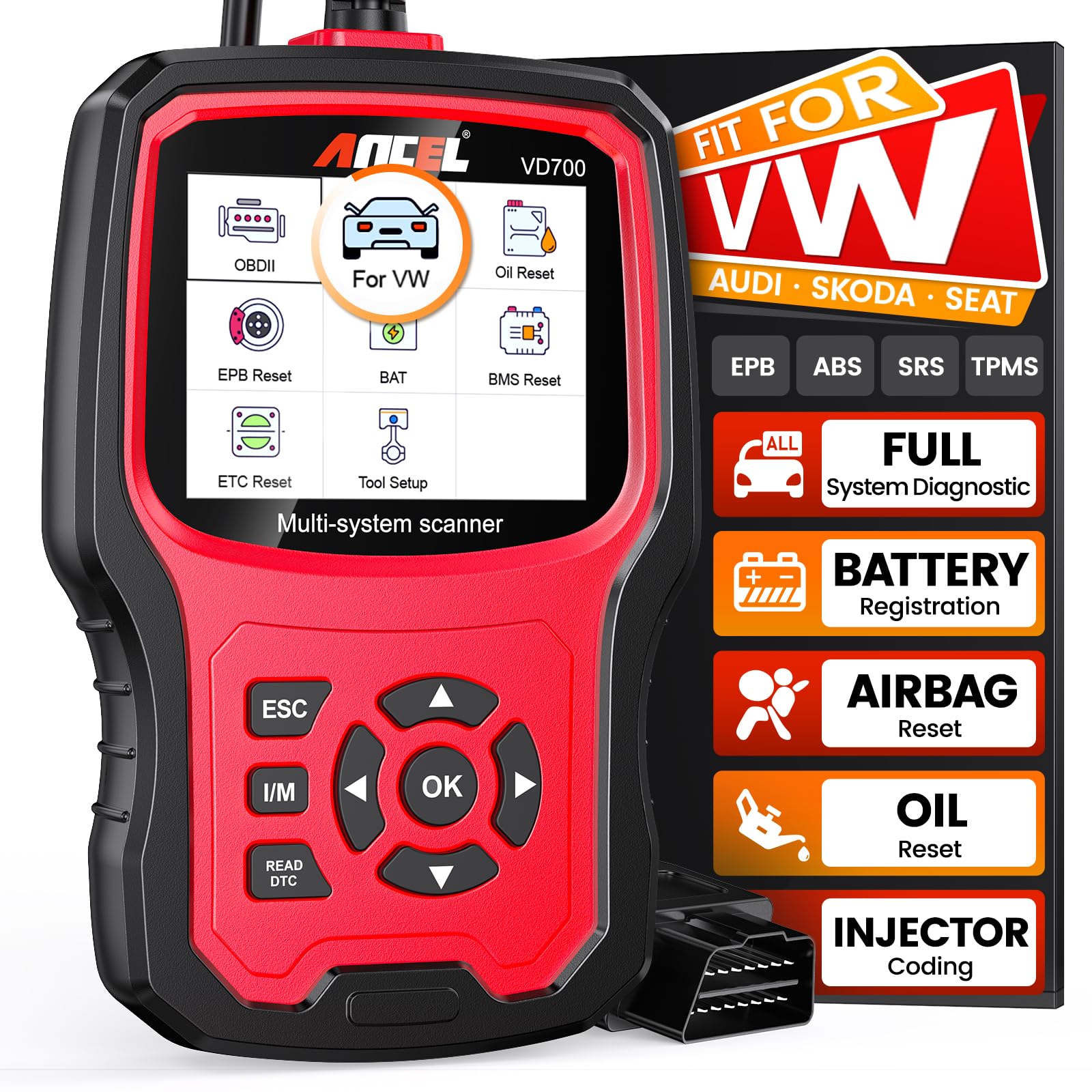 ANCEL VD700a Ganzes System OBD2 Diagnosegerät mit 8 Sonderfunktionen für VAG Fahrzeuge Diagnose OBD Scanner für Öl TPMS EPB TPS Reset Injektor Funktion SAS DPF Scan Tool von ANCEL