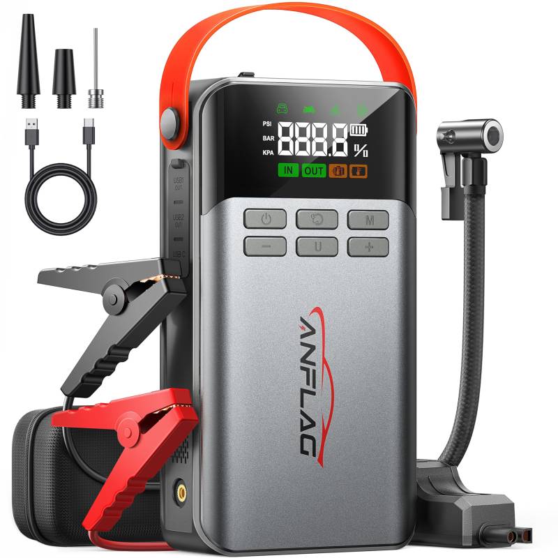 Starthilfe Powerbank mit Kompressor, 8-in-1 Auto Starthilfe 150 PSI 5500A Spitzenstrom für All Benzin und 10.0L Dieselmotor 21800mAh Starter Powerbank Tragbare LCD-Bildschirm 600Lumen LED Taschenlampe von ANFLAG