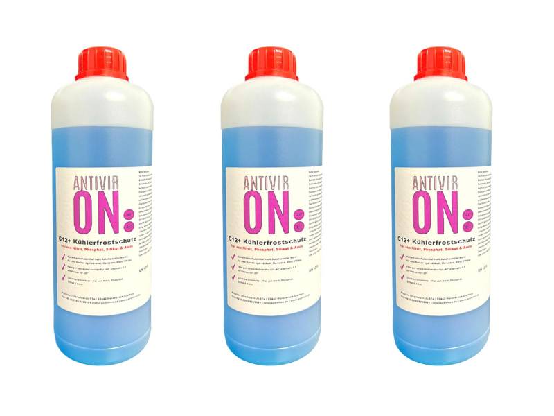 ANTIVIR ON 3 Liter Kühlerfrostschutz G12+ Kühlflüssigkeit Fertigmischung -40° Kühlmittel von ANTIVIR ON
