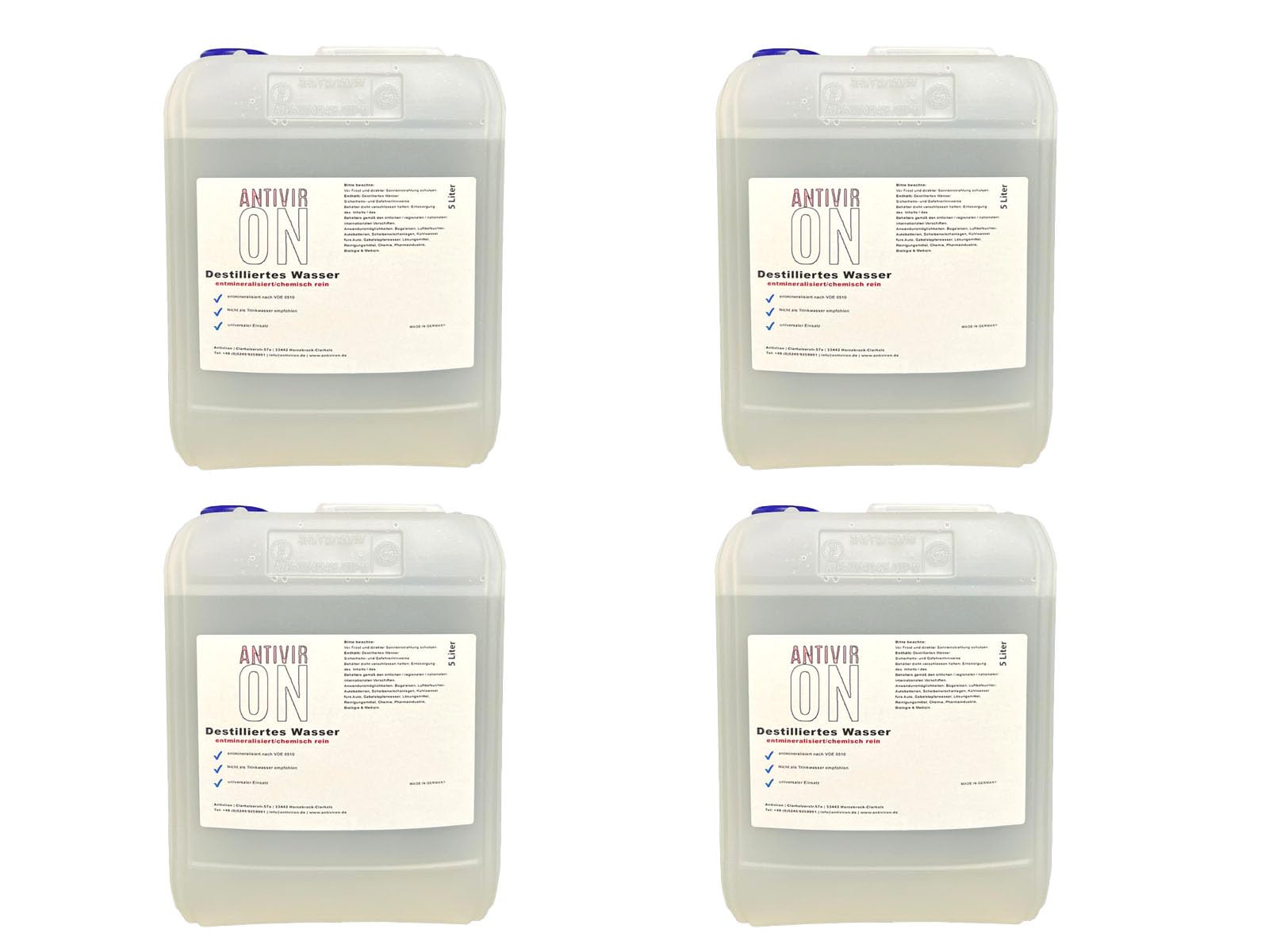 Destilliertes Wasser 20 Liter Sterilwasser chemisch reines Wasser 4x5 Liter Destilliertes Wasser 20 Liter Sterilwasser chemisch reines Wasser 4x5 Liter von ANTIVIR ON