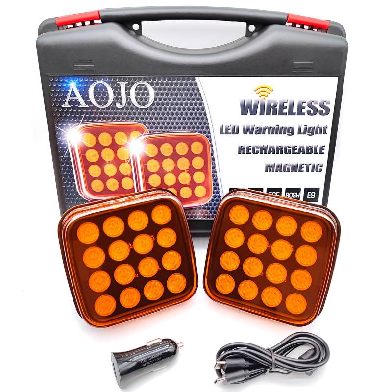 AOJO 2Pack Orange LED Warnleuchte Set - 3 Blitzmuster, 12V 24Volt Warnblitzer Akku mit E-Prüfzeichen ECE E9 - Magnetisch, Kabellos, Wiederaufladbar, IP67 Wasserdicht von AOJO