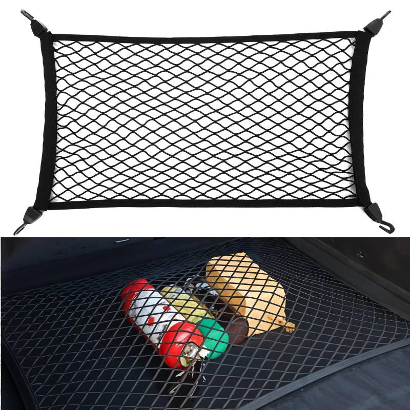 AOZUO Gepäcknetz Auto, Ladungssicherungsnetz Gepäcknetz 70 x 40cm Erstreckt Sich auf 140 x 80cm, Elastischer Mesh Organizer Cargo Net with 4 Hooks, Kofferraumnetz für die Meisten Autos von AOZUO
