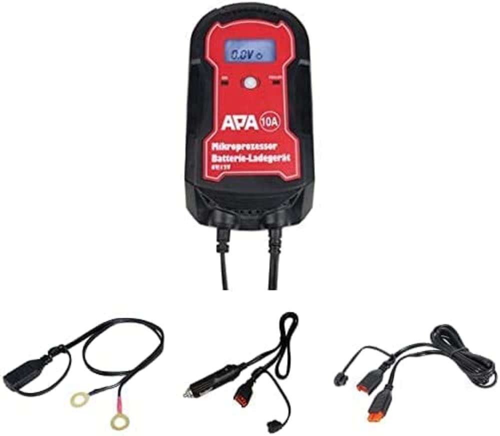 Bundle aus APA 16622 Batterie-Ladegerät, 10 A + APA 16702 Adapterkabel, große Ringösen 10mm + APA 16701 Adapterkabel für Bordsteckdose + APA 16704 Verlängerungskabel, 2 m von APA