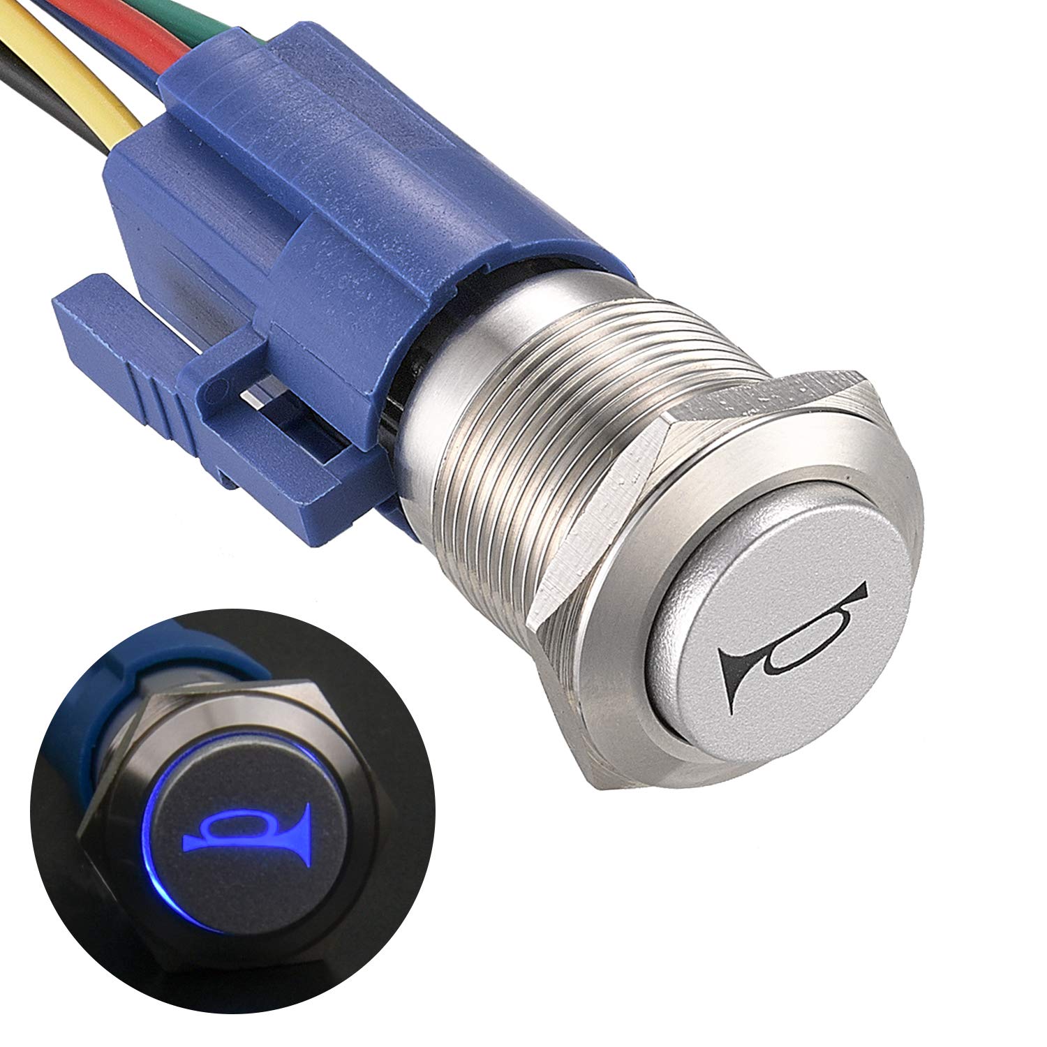 APIELE 16MM Momentan Hupentaste Druckschalter 12V, mit LED wasserdicht Momentary Drucktastenschalter mit vorverdrahtetem Stecker, Auto RV LKW Boot EIN/AUS Taste Schalter (blau) von APIELE