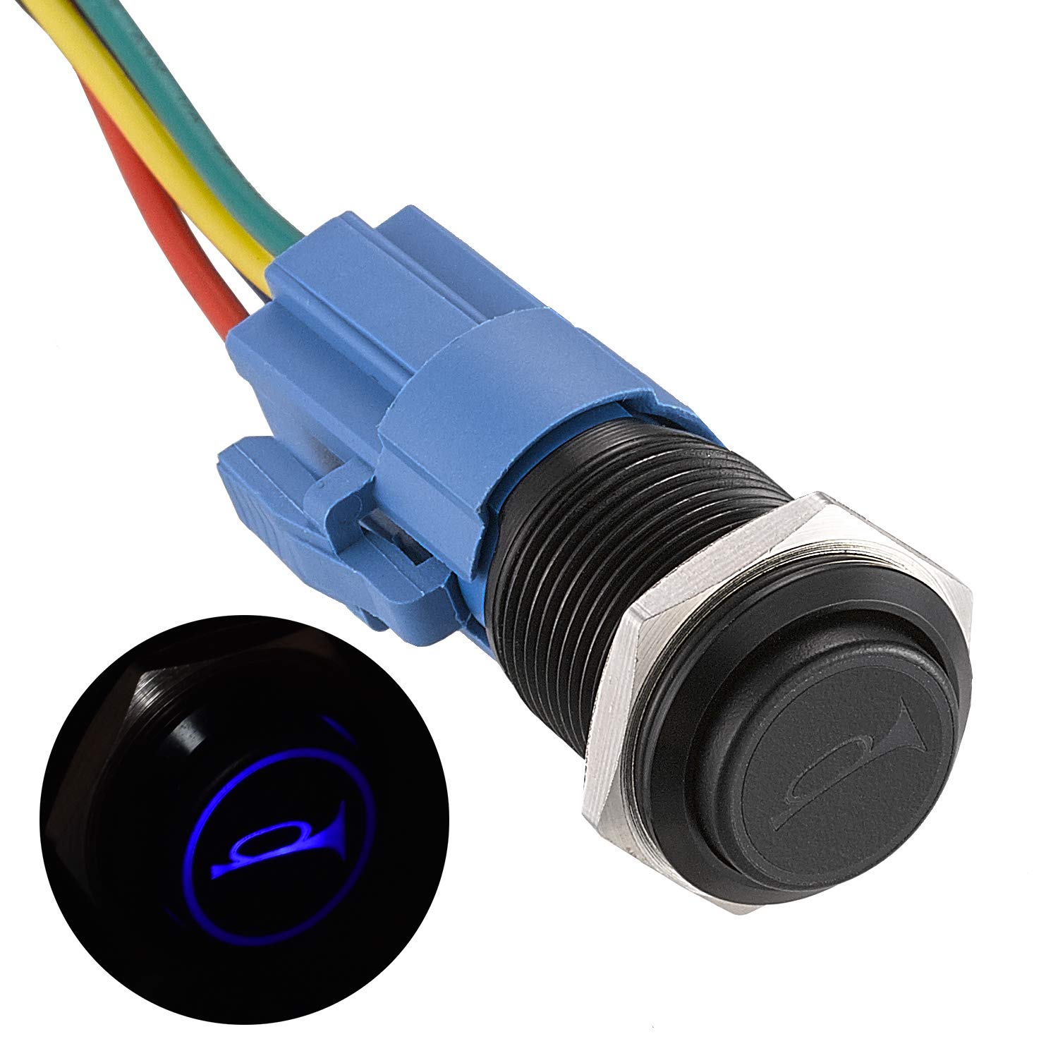 APIELE 16MM Momentan Hupentaste Druckschalter 12V, mit LED wasserdicht Momentary Drucktastenschalter mit vorverdrahtetem Stecker, Auto RV LKW Boot EIN/AUS Taste Schalter (blau) von APIELE