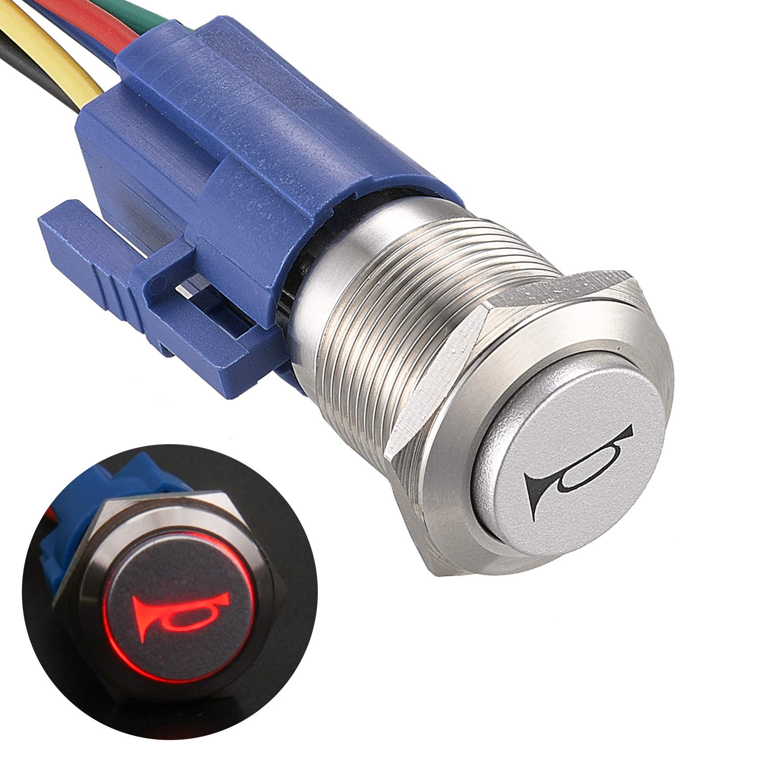 APIELE 16MM Momentan Hupentaste Druckschalter 12V, mit LED wasserdicht Momentary Drucktastenschalter mit vorverdrahtetem Stecker, Auto RV LKW Boot EIN/AUS Taste Schalter(rot) von APIELE