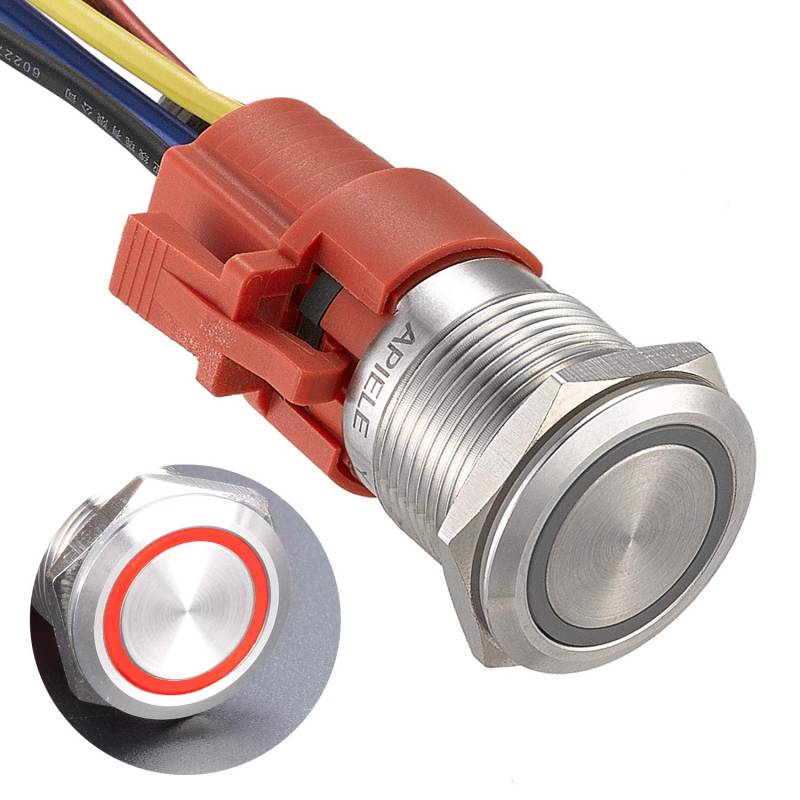 APIELE 19MM Verriegelung Druckschalter 12VDC 5A, Edelstahl mit LED Ringbeleuchtung wasserdicht Latch Drucktastenschalter mit vorverdrahtetem Stecker, Auto RV LKW Boot EIN/AUS Taste Schalter (Rot) von APIELE