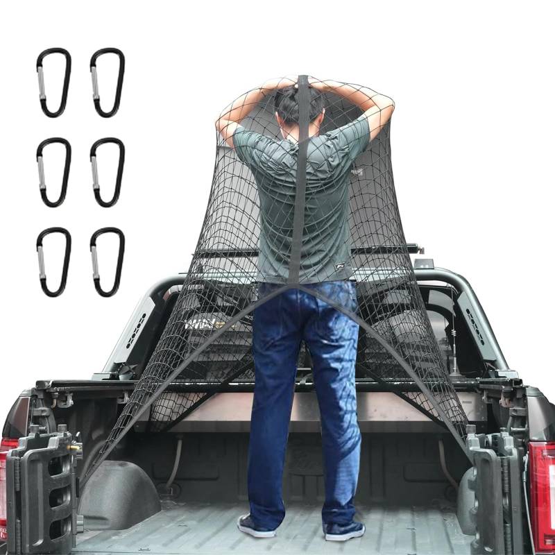 APKOL Hochelastisches Gepäcknetz, LKW-Bett-Organizer, 1.2x1.2m dehnbar bis 2.1x2.1m mgeeignet für tägliche leichte Lasten von LKWs, mit 6 Metallhaken für LKW Auto Wohnmobil(Einlagig) von APKOL