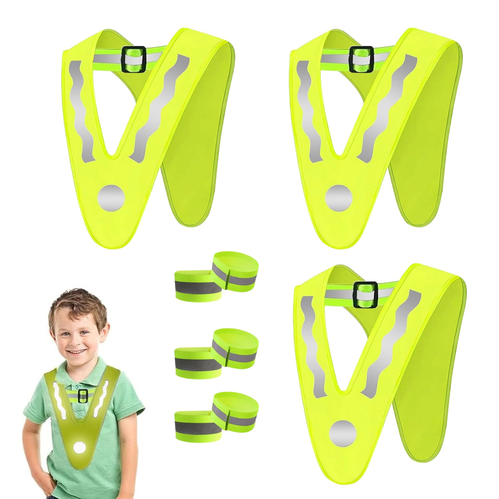 APKOL Warnweste Kinder, 3 Stück Warnwesten Kinder+6 Reflektoren Armbänder, Leichte Warnweste V-Form Reflektorweste, Kinder Warnschutzweste für Outdoor Laufen Radfahren Sport, Leicht und Tragbar von APKOL