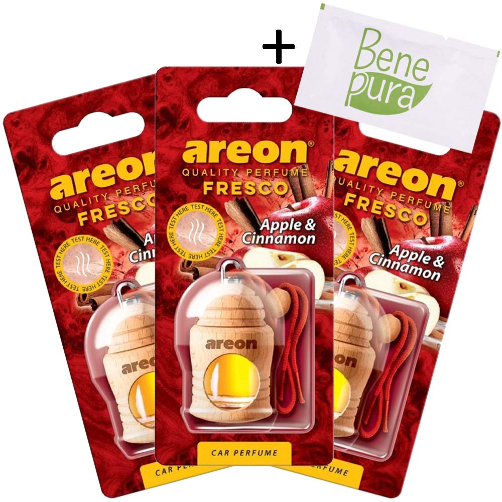 AREON Auto-Lufterfrischer Parfüm Fresco 4 ml - Apfel Zimt-duft - Hängende Flasche Diffusor mit Echtholzdeckel, langlebig, Set von 3 von AREON