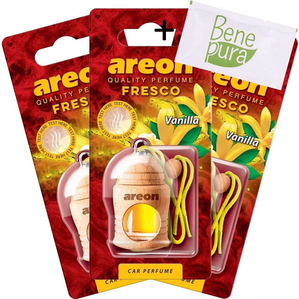 AREON Auto-Lufterfrischer Parfüm Fresco 4 ml - Vanille-duft - Hängende Flasche Diffusor mit Echtholzdeckel, langlebig, Set von 3 von AREON